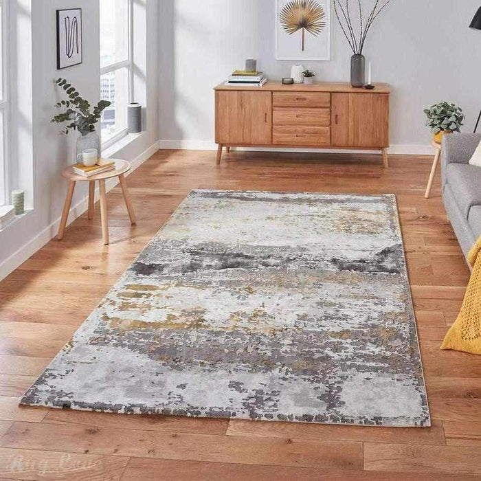 Craft 19788 Modern Abstract Distressed Marbled Metallic Shimmer Soft Textured Grey/Ochre Rug 120 x 170 cm