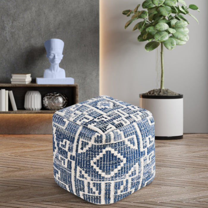 Denim And Wool Pouf Hand Woven For Indoor Or Outdoor Use