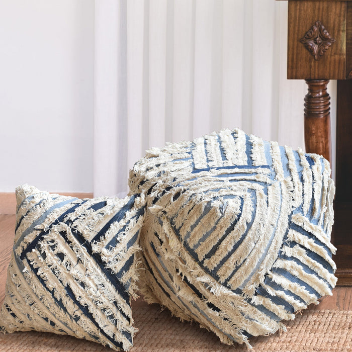 Pouf in cotone denim in blu avorio per la decorazione Home 