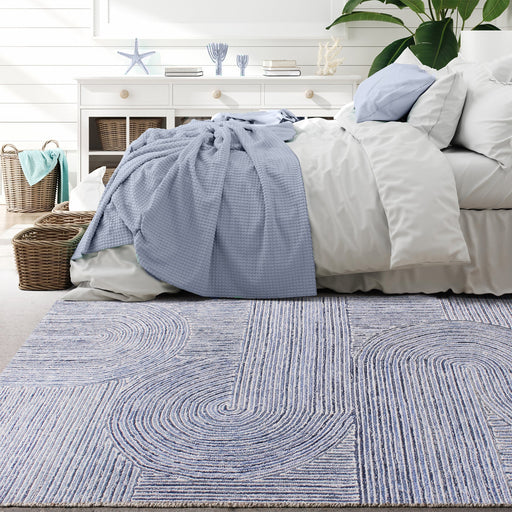 Denim Wool Area Rug with Waves and Curves Design