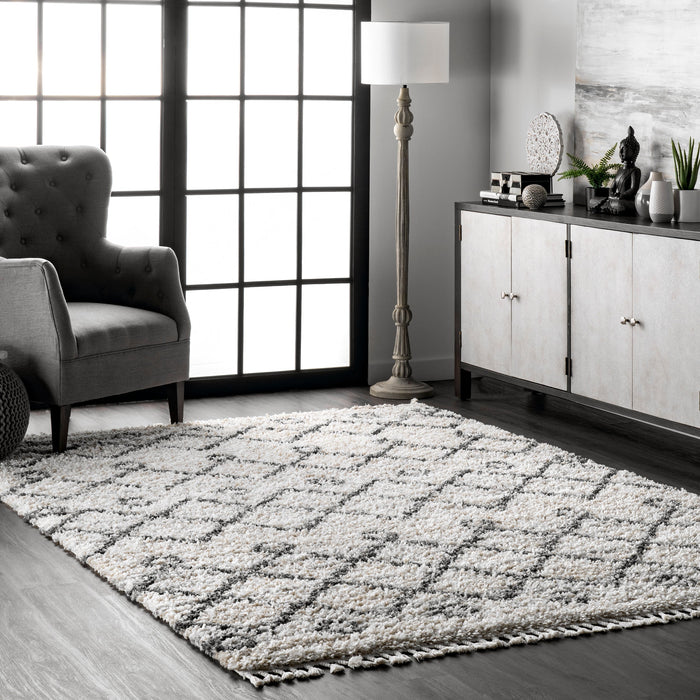 Diamond Moroccan Shag Area Rug With Tassels 160x230 cm Ivory