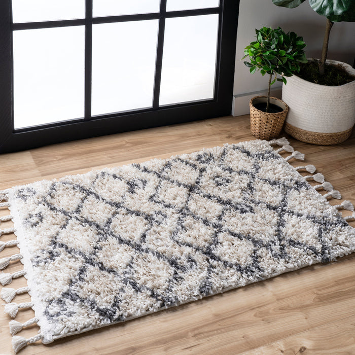 Diamond Moroccan Shag Area Rug With Tassels 160x230 cm Ivory