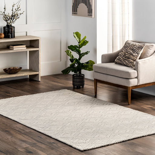 Diamond Pattern Wool Area Rug in Ivory 152 x 244 cm