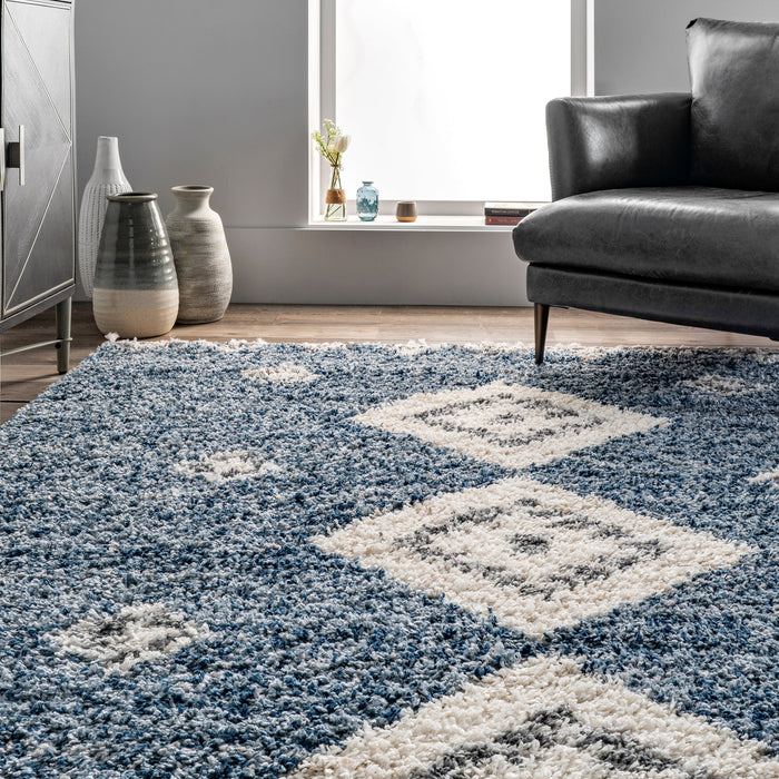 Diamond Shag Area Rug with Tassels in Blue 160x230 cm