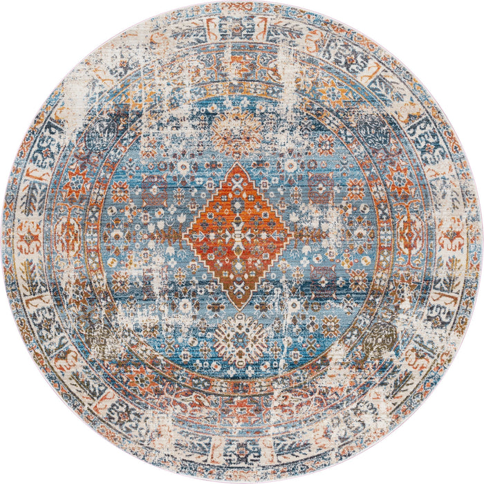 Distressed Blue Medallion Area -matto perinteiseen sisustukseen