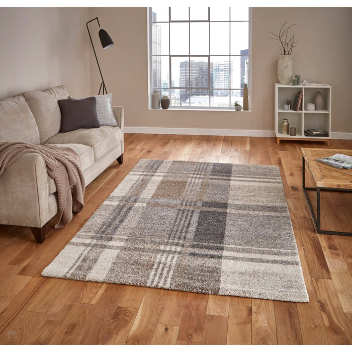 Elegant 4892 Modern High-Density Tartan Check Beige/Grey Rug