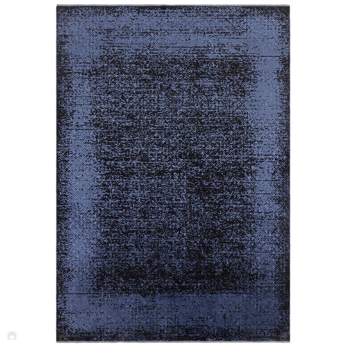 Elodie Modern Abstract Metallic Shimmer Bordered Overdyed Textured Soft-Touch Flatweave Indigo Blue/Black Rug