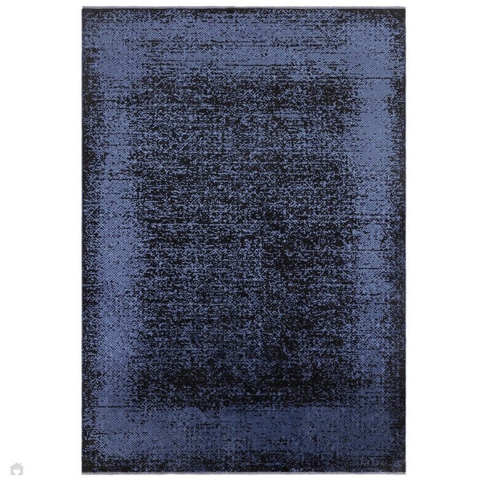 Elodie Modern Abstract Metallic Shimmer Bordered Overdyed Textured Soft-Touch Flatweave Indigo Blue/Black Rug