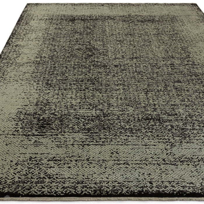 Elodie Modern Abstract Metallic Shimmer Bordered Overdyed Textured Soft-Touch Flatweave Sage Green/Black Rug