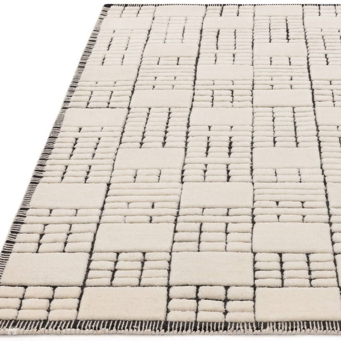 Empire Modern Geometric Grid Hand-Woven Textured Hi-Low Wool Cream/Black Rug