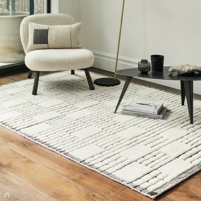 Empire Modern Geometric Grid Hand-Woven Textured Hi-Low Wool Cream/Black Rug