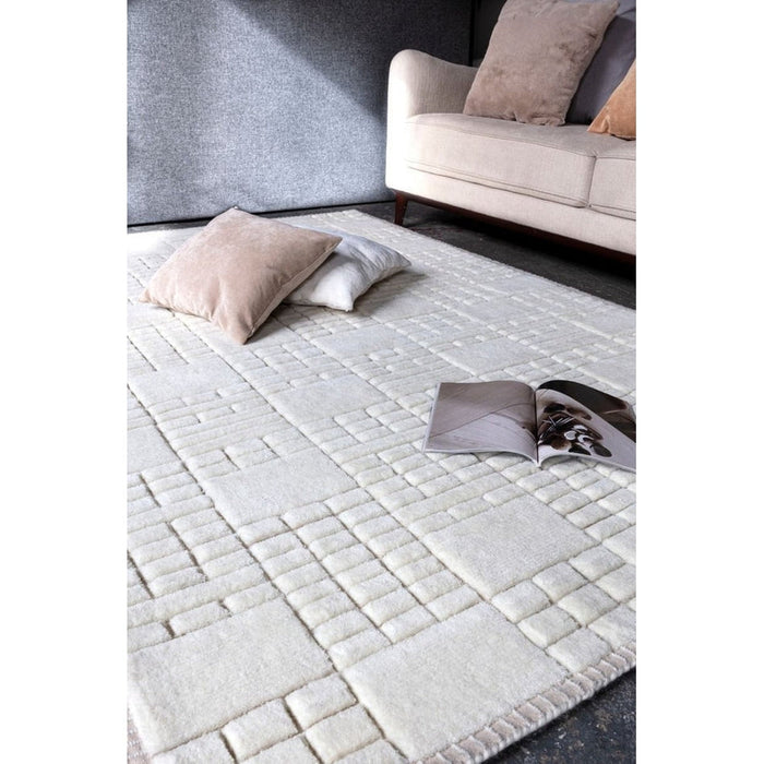 Empire Modern Geometric Grid Hand-Woven Textured Hi-Low Wool Cream/Neutral Rug