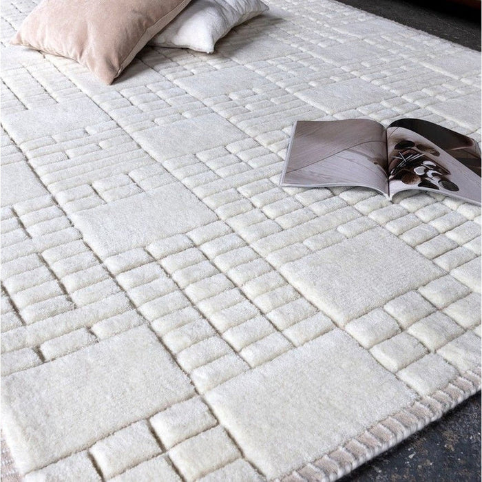 Empire Modern Geometric Grid Hand-Woven Textured Hi-Low Wool Cream/Neutral Rug