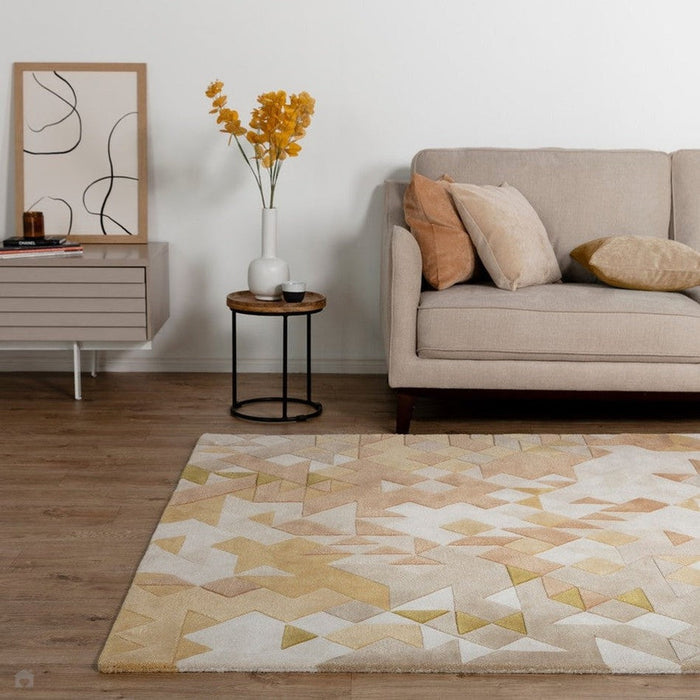 Enigma Modern Geometric 3D Hand-Carved High-Density Heavy-Weight Hi-Low Textured Soft Wool&Viscose Gold/Multicolour Rug