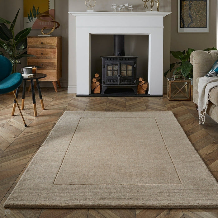 Esme Modern Plain Textured Contrast Ribbed Border Hand-Woven Wool Cream Rug