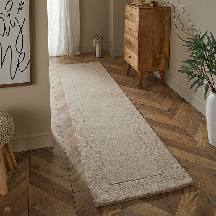 Esme Modern Plain Textured Contrast Ribbed Border Hand-Woven Wool Cream Runner
