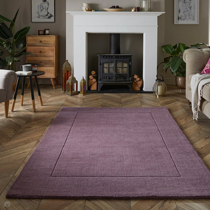 Esme Modern Plain Textured Contrast Ribbed Border Hand-Woven Wool Mauve Rug