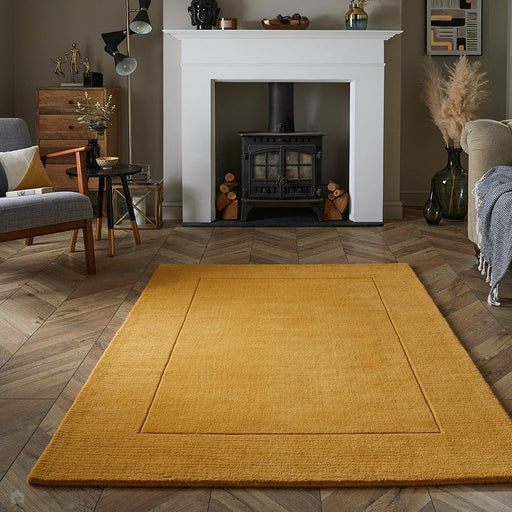 Esme Modern Plain Textured Contrast Ribbed Border Hand-Woven Wool Ochre Rug