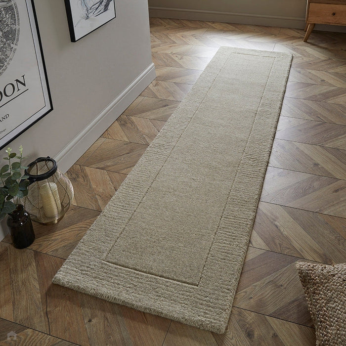 Esme Modern Plain Textured Contrast Ribbed Border Hand-Woven Wool Stone Runner