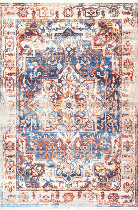 Tappeto con frange a medaglione floreale sbiadito, 160 cm, blu scuro