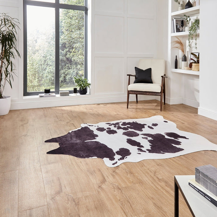 Faux Cow Print Animal Skin Printed Polyester Flatweave Black/White Rug