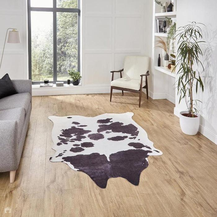 Faux Cow Print Animal Skin Printed Polyester Flatweave Black/White Rug