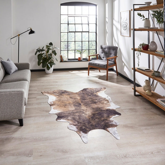 Faux Cow Print Animal Skin Printed Polyester Flatweave Brown/White Rug