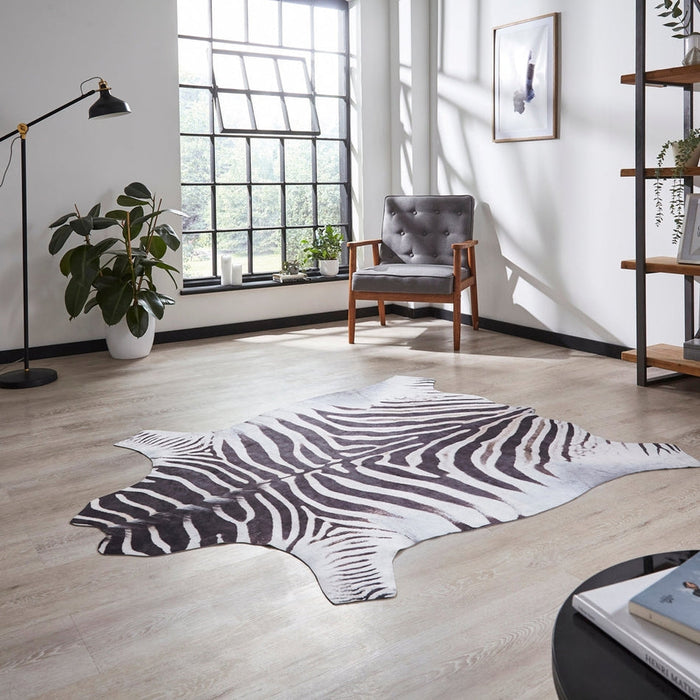 Faux Zebra Print Animal Skin Printed Polyester Flatweave Black/White Rug