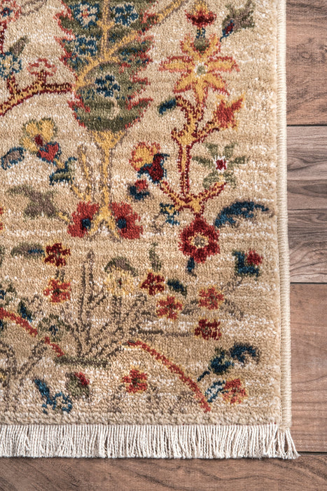 Floral Area Rug in Olive Color with Fringed Design
