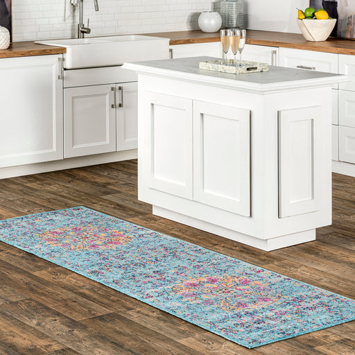 Floral Mandala Area Rug in Aqua Color