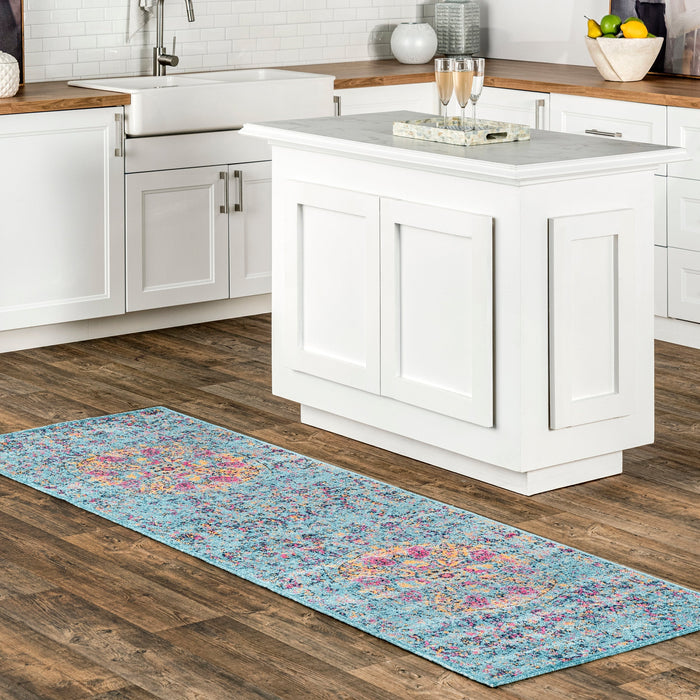 Floral Mandala Area Rug in Aqua Color