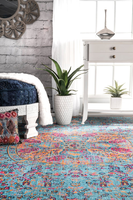 Floral Mandala Area Rug in Aqua Color