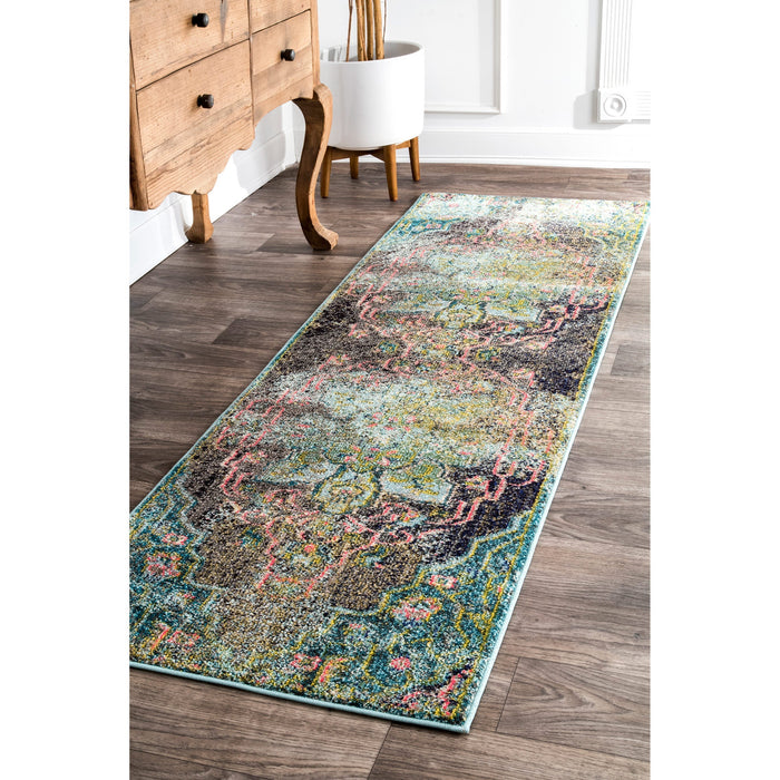 Floral Medallion Area Rug in Aqua for Cozy Living Spaces