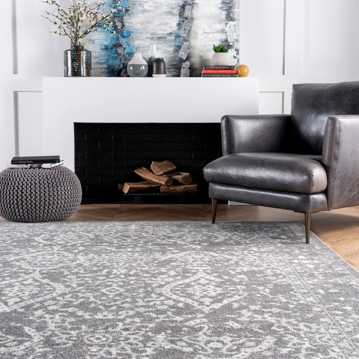 Floral Pattern Area Rug in Grey for Living Room and Bedroom