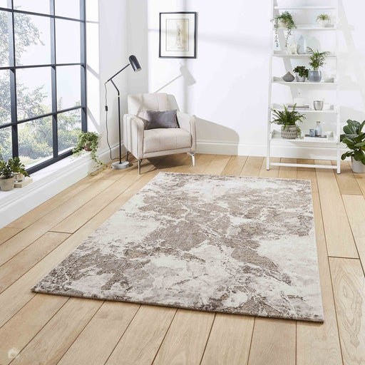 Florence 50033 Modern Abstract Metallic Marmoreal Distressed Textured High-Density Soft Beige/Brown/Silver Rug