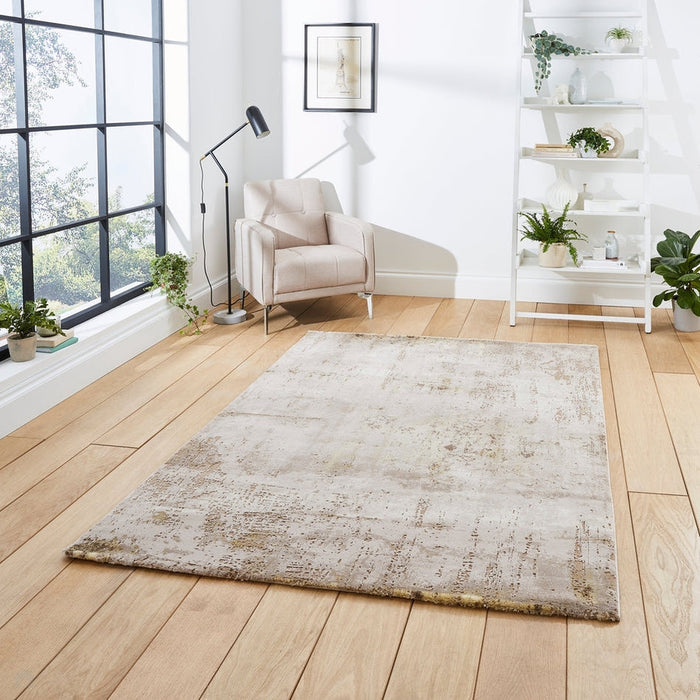 Florence 50034 Modern Abstract Metallic Distressed Textured High-Density Soft Beige/Brown/Gold Rug