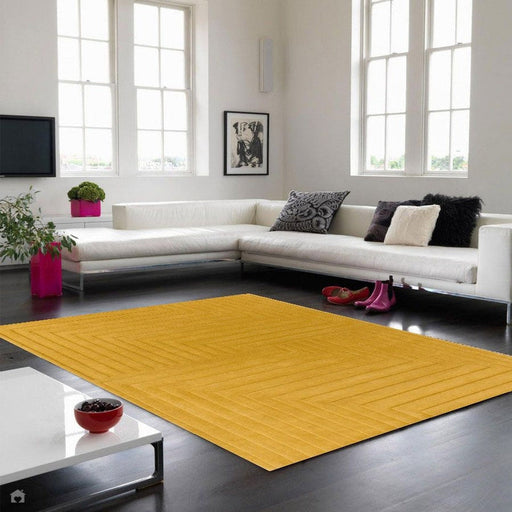 Form Modern Geometric Plain Linear High-Density Heavyweight Hand Carved Wool 3D Hi-Low Ridged Ochre Rug