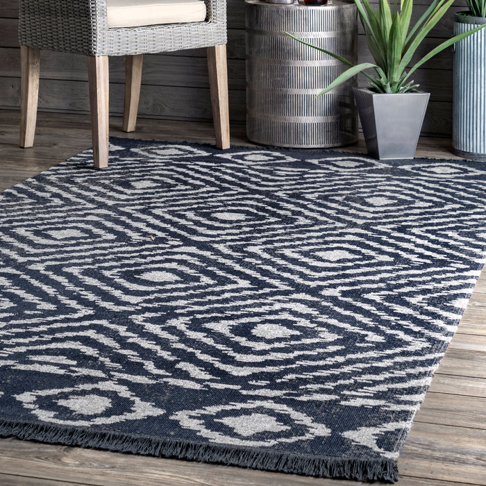 Fringed Blue Diamond Indoor Outdoor Area Rug 150x200 cm