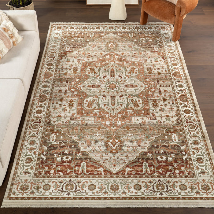 Fringed Brown Medallion Area Rug 150cm