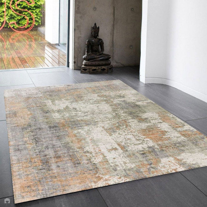 Gatsby Modern Abstract Distressed Metallic Shimmer Hand-Woven Textured Printed Viscose Flatweave Coral/Grey/Taupe/Cream Rug