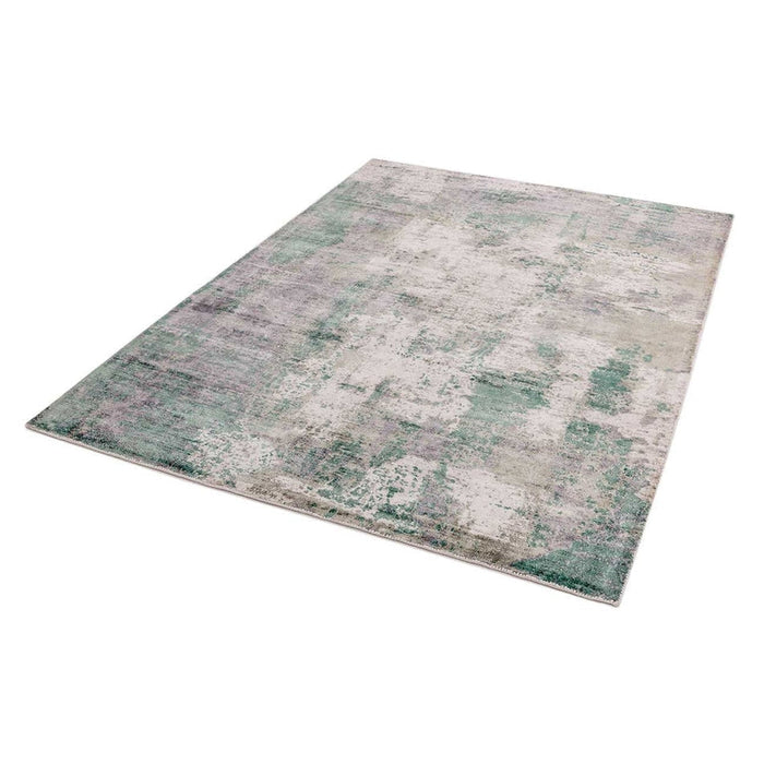 Gatsby Modern Abstract Distressed Metallic Shimmer Hand-Woven Textured Printed Viscose Flatweave Green/Grey/Cream Rug