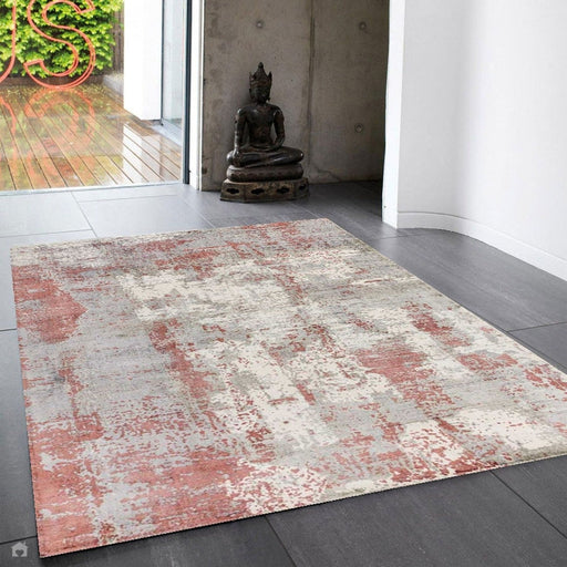 Gatsby Modern Abstract Distressed Metallic Shimmer Hand-Woven Textured Printed Viscose Flatweave Red/Grey/Cream Rug