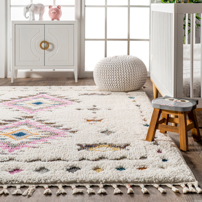 Geometric Patterned Off White Shag Area Rug 150x200 cm