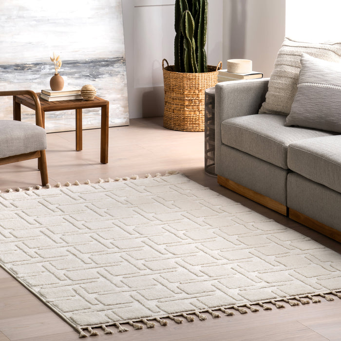 Geometric Tasseled Area Rug 160x230 cm Off White