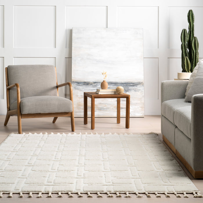 Geometric Tasseled Area Rug 160x230 cm Off White