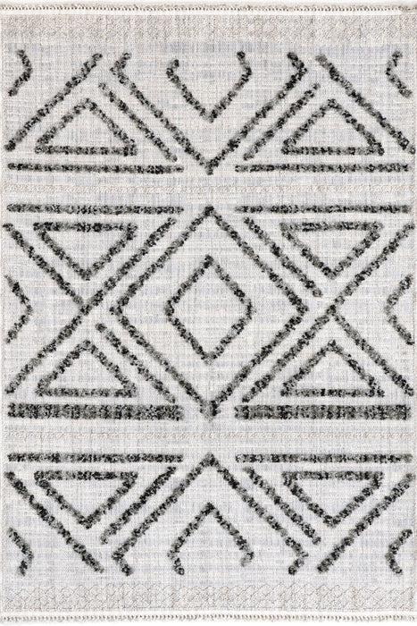 Geometric Textured Area Rug in Light Grey with Tassels
