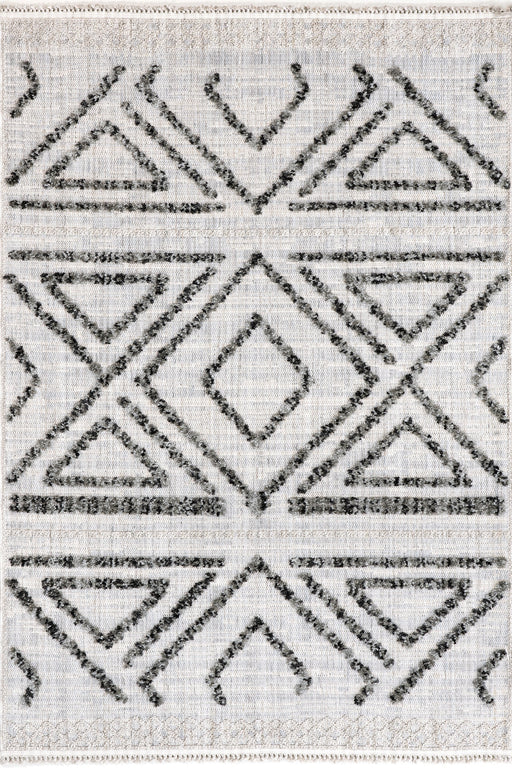 Geometric Textured Area Rug in Light Grey with Tassels