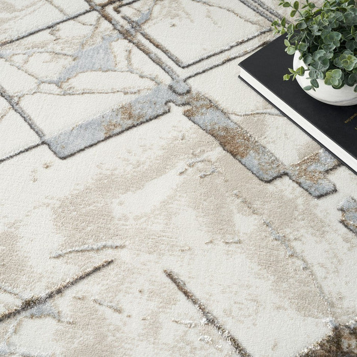 Glitz GLZ02 Modern Geometric Marble Distressed Metallic Shimmer Hi-Low Textured Soft-Touch Polyester Ivory/Grey/Taupe Runner