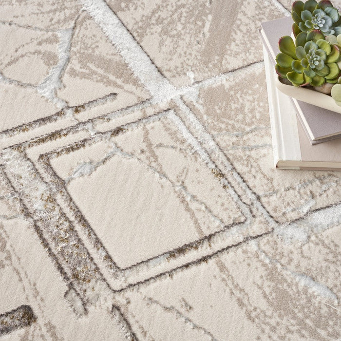 Glitz GLZ02 Modern Geometric Marble Distressed Metallic Shimmer Hi-Low Textured Soft-Touch Polyester Ivory/Grey/Taupe Runner