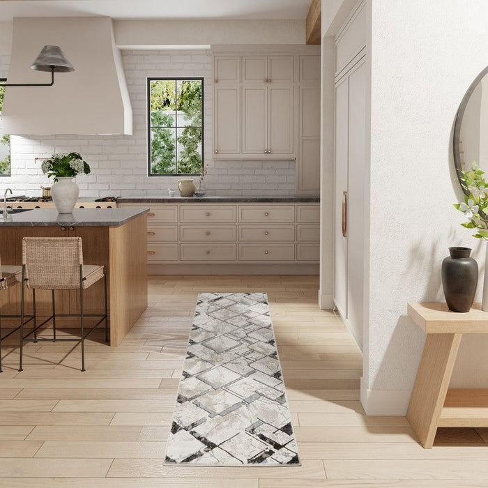 Glitz GLZ02 Modern Geometric Marble Distressed Metallic Shimmer Hi-Low Textured Soft-Touch Polyester Ivory/Grey/Taupe Runner